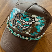 On A Whim Hats Turquoise and Tattoos Handmade Trucker Hat with Leather Patch