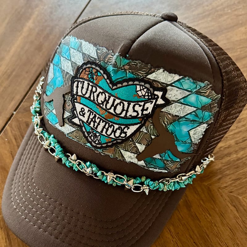 On A Whim Hats Turquoise and Tattoos Handmade Trucker Hat with Leather Patch