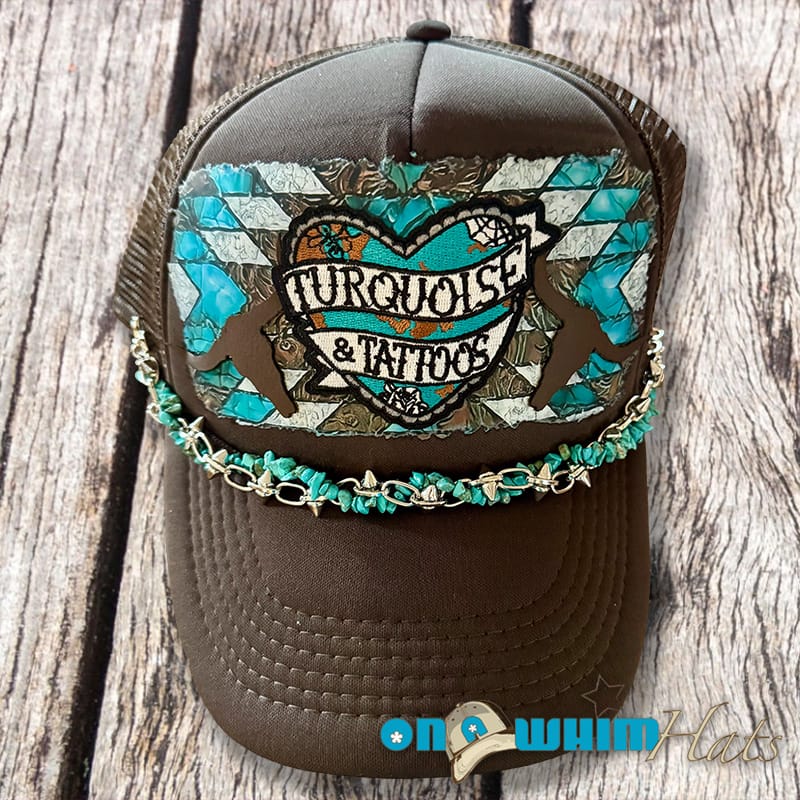 On A Whim Hats Turquoise and Tattoos Handmade Trucker Hat with Leather Patch