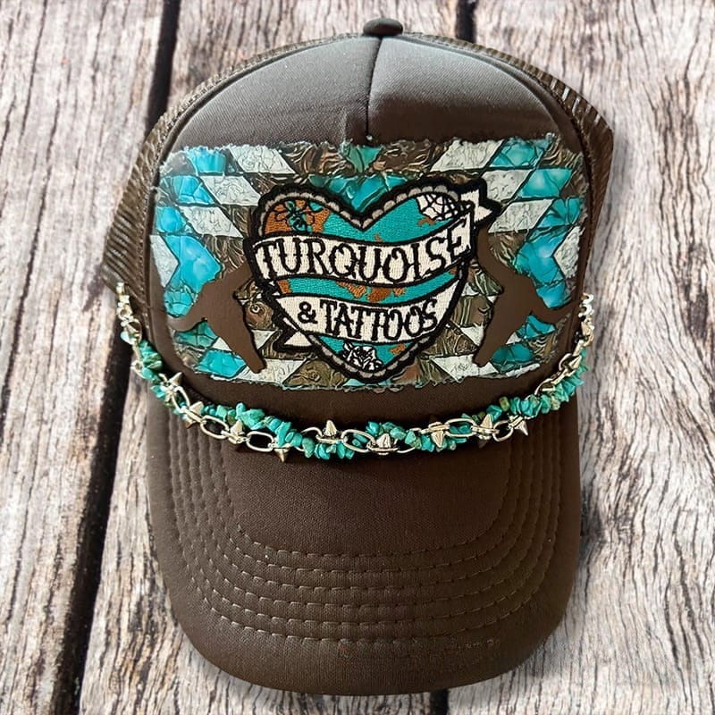 On A Whim Hats Turquoise and Tattoos Handmade Trucker Hat with Leather Patch