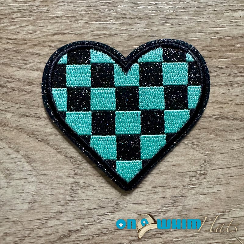 On A Whim Hats Turquoise Checkered Heart Iron-On Patch