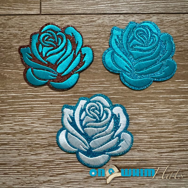 On A Whim Hats Turquoise Glitter Rose Embroidered Iron-On Patch