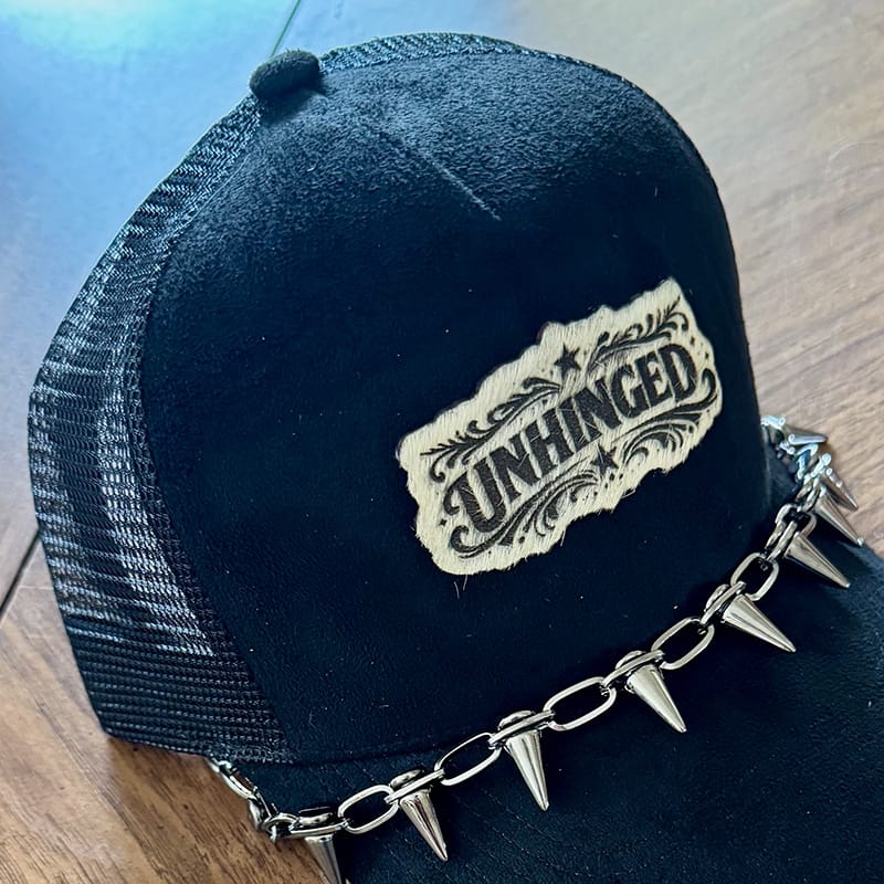 On A Whim Hats Unhinged Handmade Vegan Suede Trucker Hat w/ Genuine Cowhide Patch