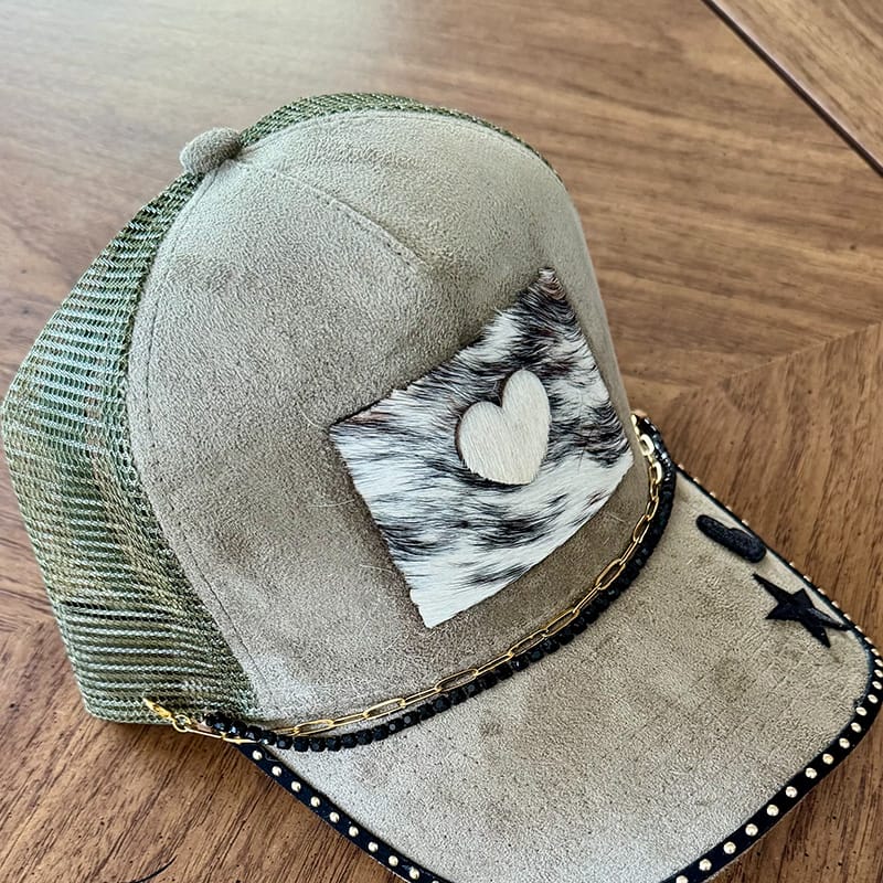 On A Whim Hats Western Babe Handmade Vegan Suede Trucker Hat w/ Cowhide Patch