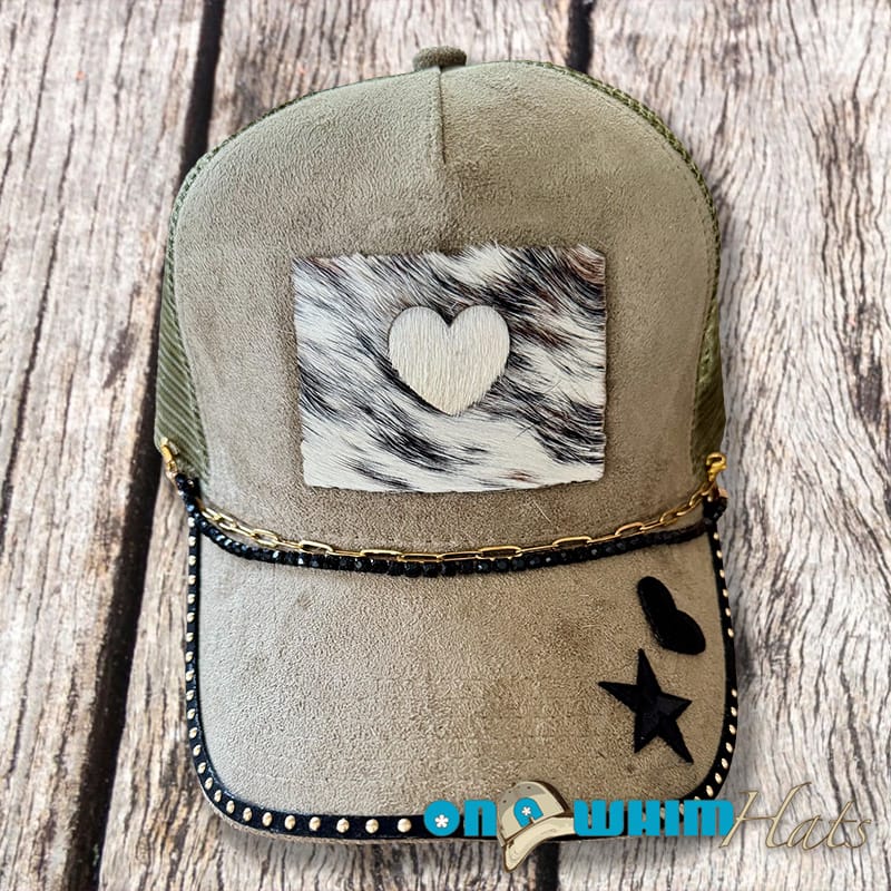 On A Whim Hats Western Babe Handmade Vegan Suede Trucker Hat w/ Cowhide Patch