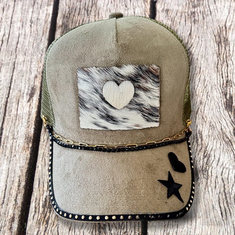 On A Whim Hats Western Babe Handmade Vegan Suede Trucker Hat w/ Cowhide Patch