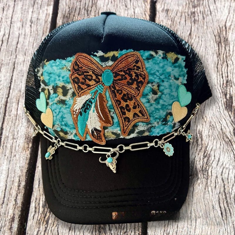 On A Whim Hats Western Bow Handmade Trucker Hat w/ Leather Patch