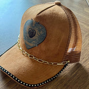 On A Whim Hats Western Dreams Handmade Vegan Suede Trucker Hat with Genuine Cowhide and Leather Patch