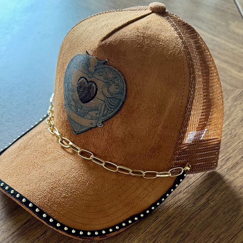 On A Whim Hats Western Dreams Handmade Vegan Suede Trucker Hat with Genuine Cowhide and Leather Patch