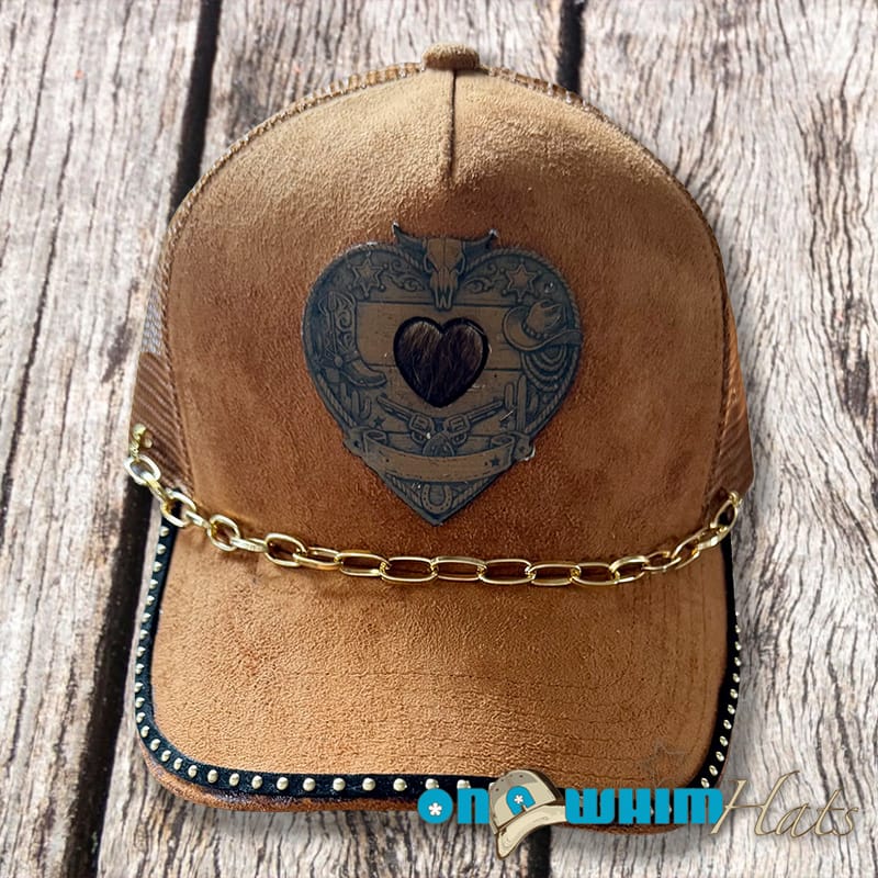 On A Whim Hats Western Dreams Handmade Vegan Suede Trucker Hat with Genuine Cowhide and Leather Patch