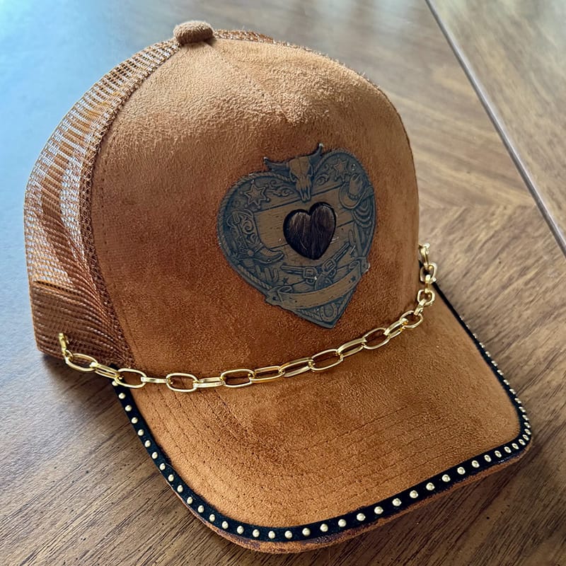 On A Whim Hats Western Dreams Handmade Vegan Suede Trucker Hat with Genuine Cowhide and Leather Patch