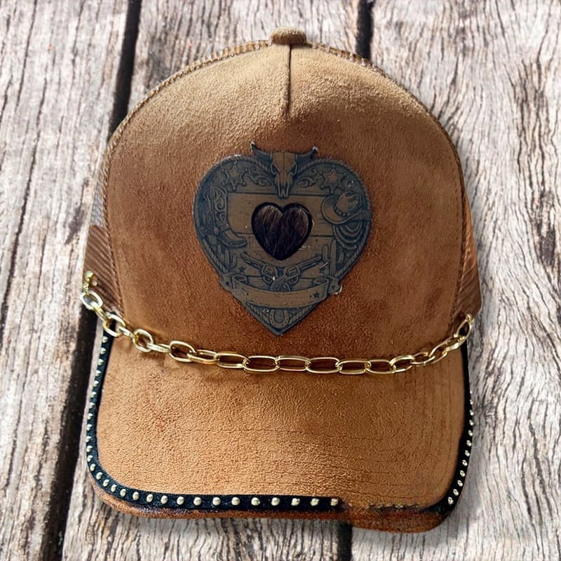 On A Whim Hats Western Dreams Handmade Vegan Suede Trucker Hat with Genuine Cowhide and Leather Patch