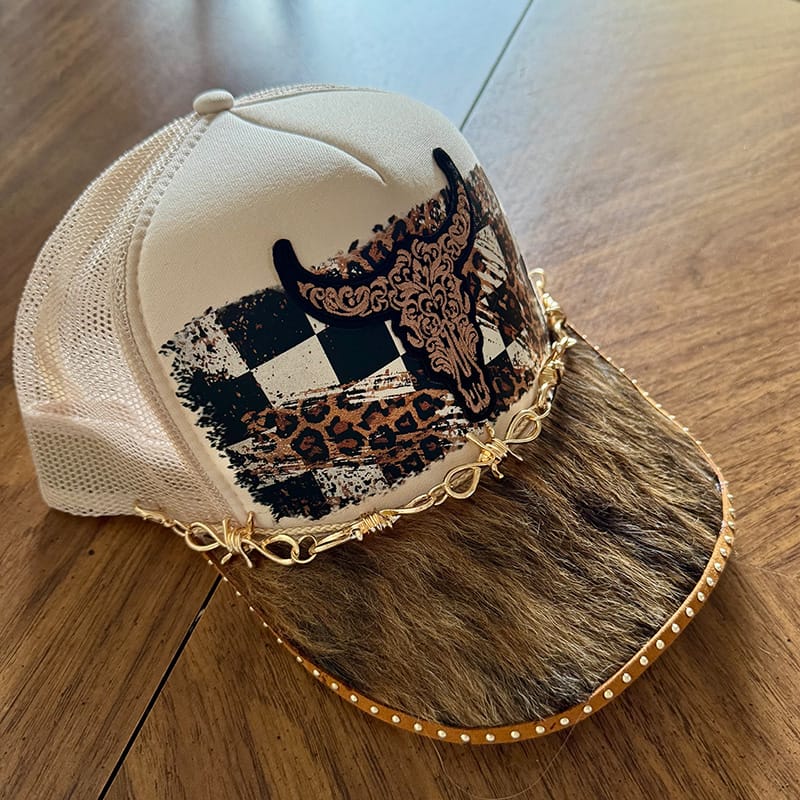 On A Whim Hats Western Steer Handmade Trucker Hat with Genuine Cowhide Brim