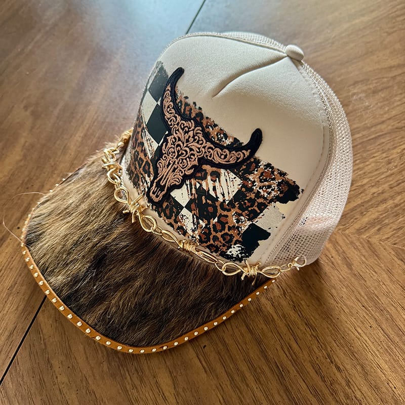 On A Whim Hats Western Steer Handmade Trucker Hat with Genuine Cowhide Brim