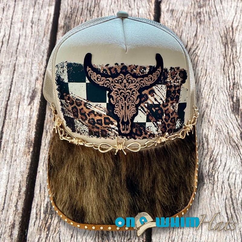 On A Whim Hats Western Steer Handmade Trucker Hat with Genuine Cowhide Brim