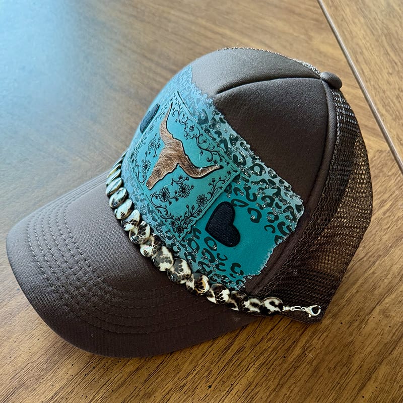 On A Whim Hats Western Steer Handmade Trucker Hat with Genuine Leather and Cowhide Patch