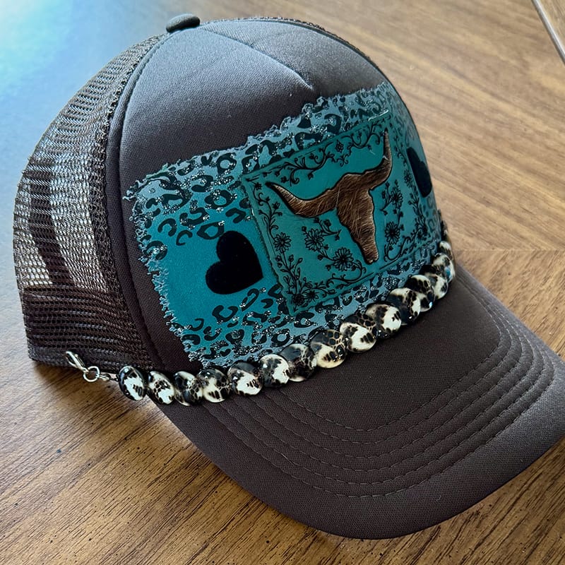 On A Whim Hats Western Steer Handmade Trucker Hat with Genuine Leather and Cowhide Patch