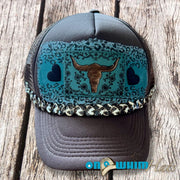On A Whim Hats Western Steer Handmade Trucker Hat with Genuine Leather and Cowhide Patch