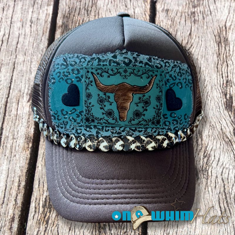 On A Whim Hats Western Steer Handmade Trucker Hat with Genuine Leather and Cowhide Patch