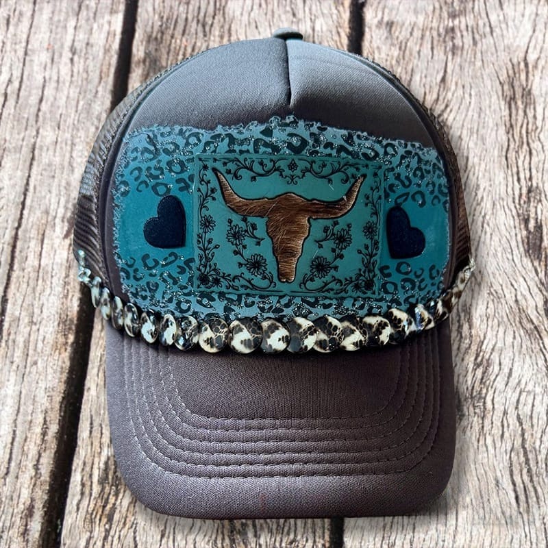 On A Whim Hats Western Steer Handmade Trucker Hat with Genuine Leather and Cowhide Patch