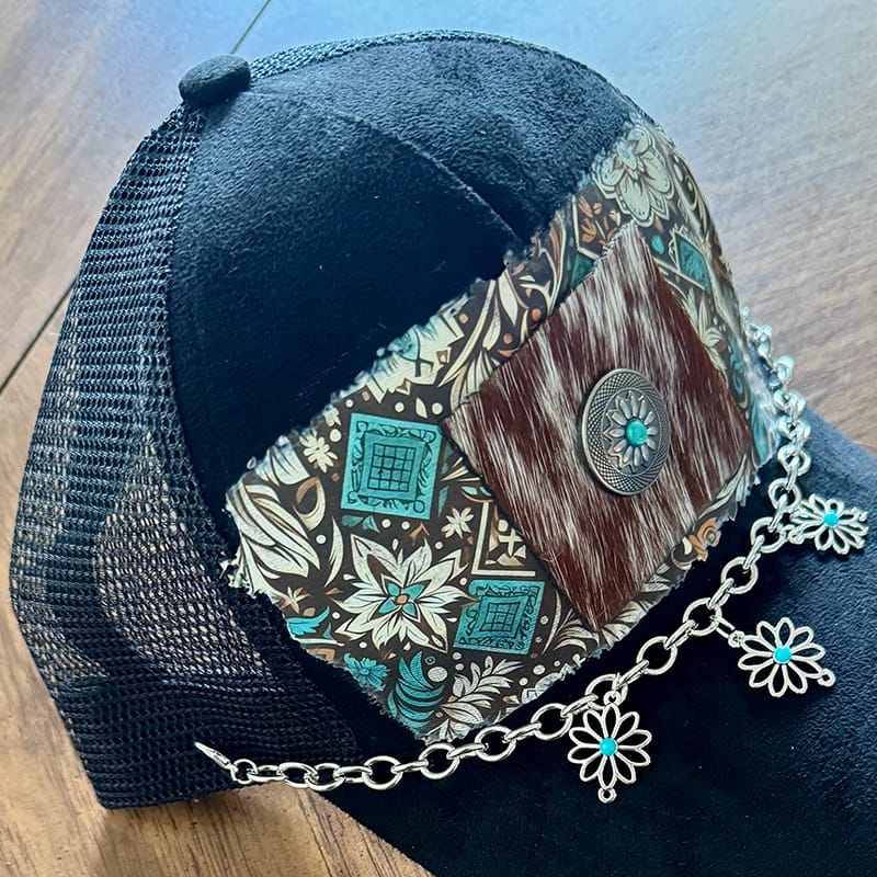 On A Whim Hats Western Style Handmade Vegan Suede Trucker Hat w/ Genuine Cowhide Patch