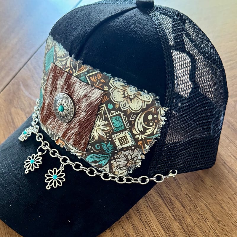 On A Whim Hats Western Style Handmade Vegan Suede Trucker Hat w/ Genuine Cowhide Patch
