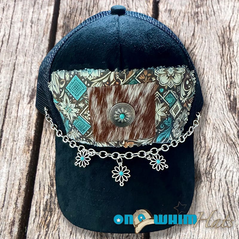 On A Whim Hats Western Style Handmade Vegan Suede Trucker Hat w/ Genuine Cowhide Patch