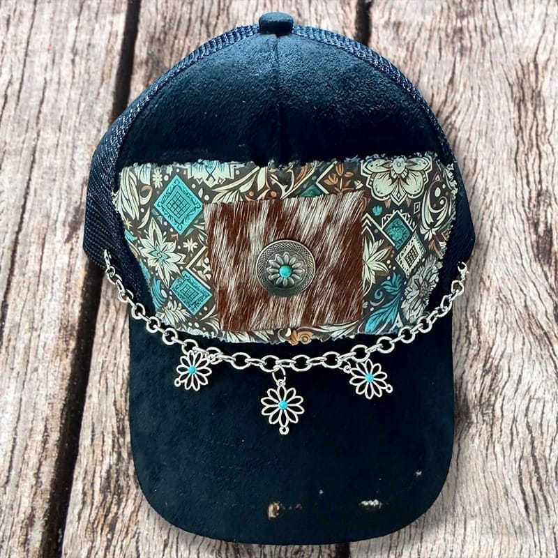 On A Whim Hats Western Style Handmade Vegan Suede Trucker Hat w/ Genuine Cowhide Patch