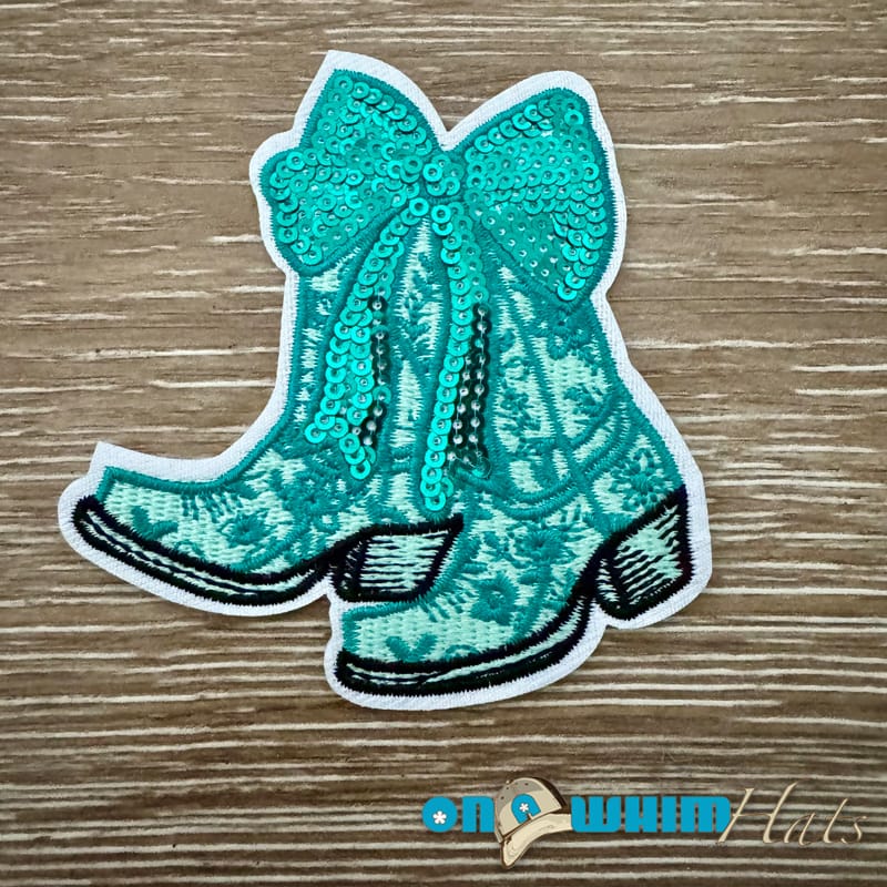 On A Whim Hats Western Turquoise Sequin Boots Iron-On Patch