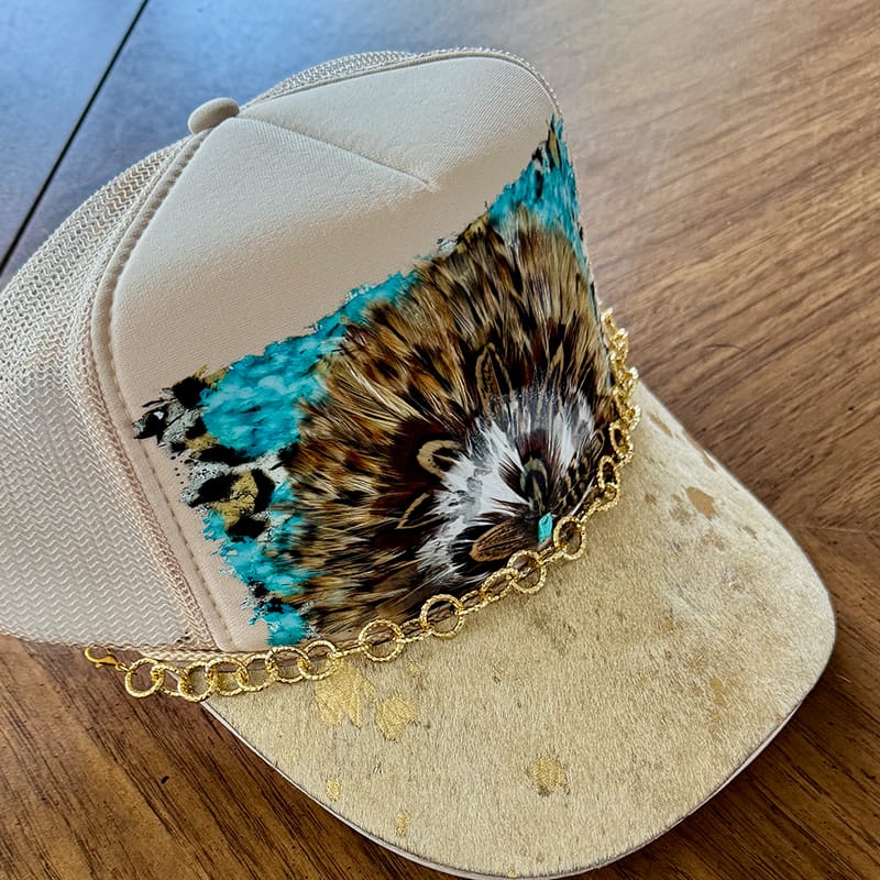 On A Whim Hats Western Woman Handmade Trucker Hat with Genuine Cowhide Brim