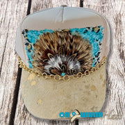 On A Whim Hats Western Woman Handmade Trucker Hat with Genuine Cowhide Brim