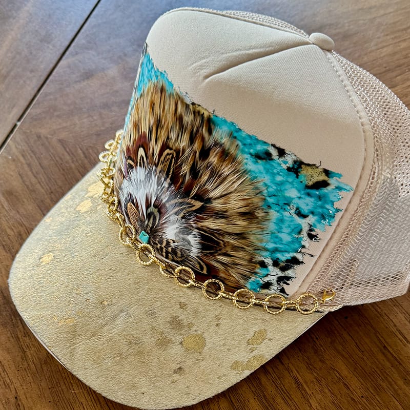 On A Whim Hats Western Woman Handmade Trucker Hat with Genuine Cowhide Brim