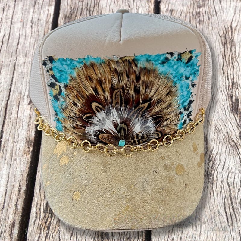 On A Whim Hats Western Woman Handmade Trucker Hat with Genuine Cowhide Brim