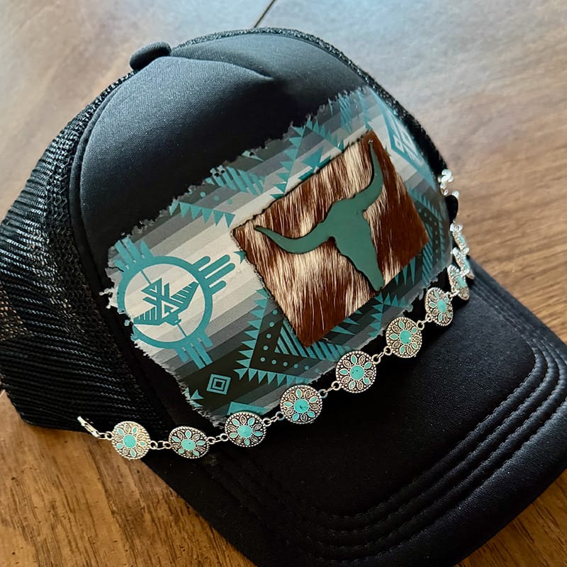 On A Whim Hats Western Wow Handmade Trucker Hat with Genuine Cowhide and Leather Patch