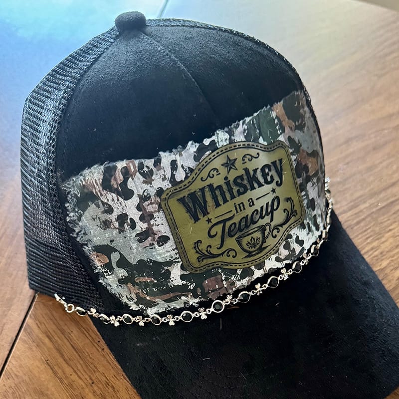 On A Whim Hats Whiskey in a Teacup Handmade Vegan Suede Hat