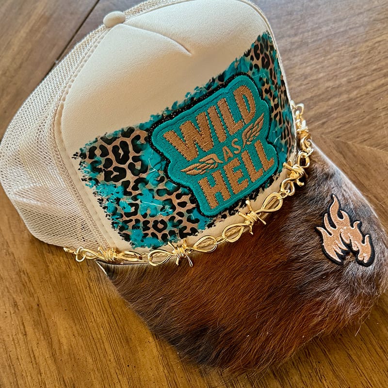 On A Whim Hats Wild as Hell Handmade Trucker Hat with Genuine Cowhide Brim