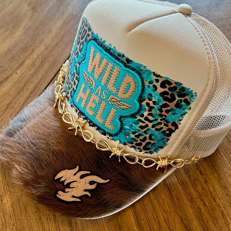 On A Whim Hats Wild as Hell Handmade Trucker Hat with Genuine Cowhide Brim