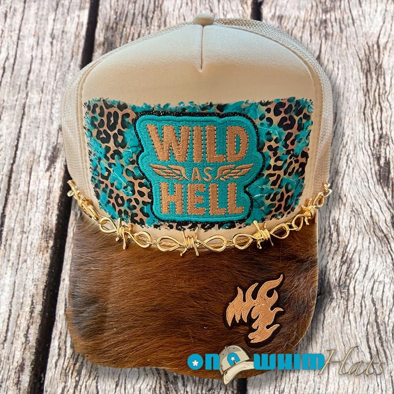 On A Whim Hats Wild as Hell Handmade Trucker Hat with Genuine Cowhide Brim
