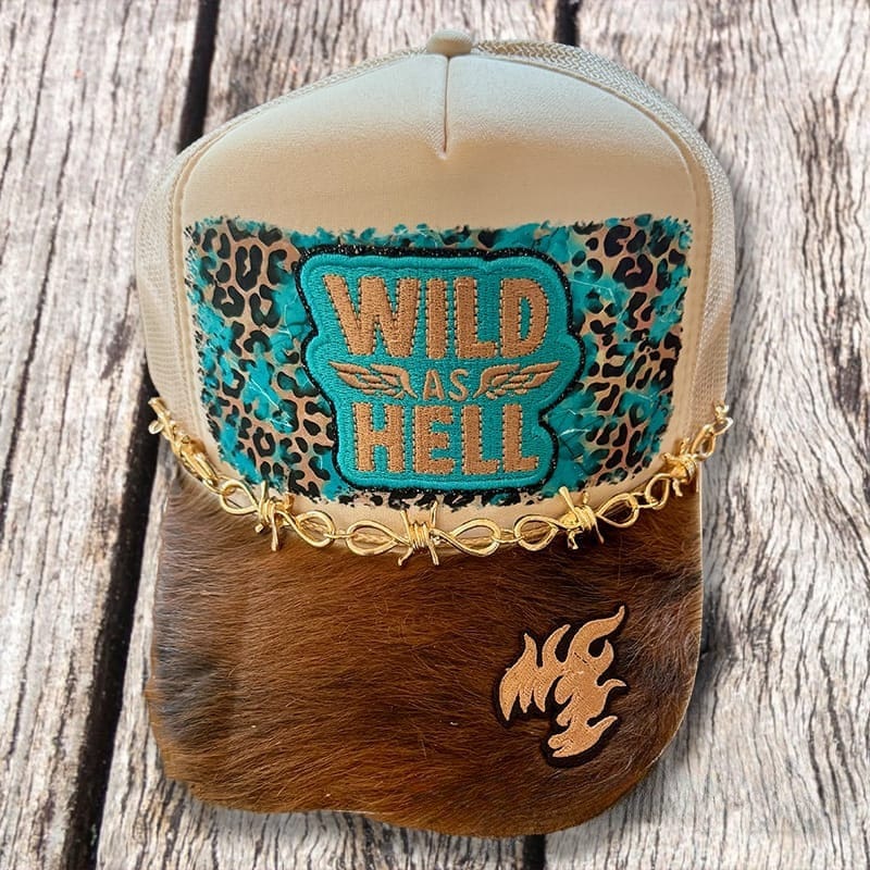 On A Whim Hats Wild as Hell Handmade Trucker Hat with Genuine Cowhide Brim