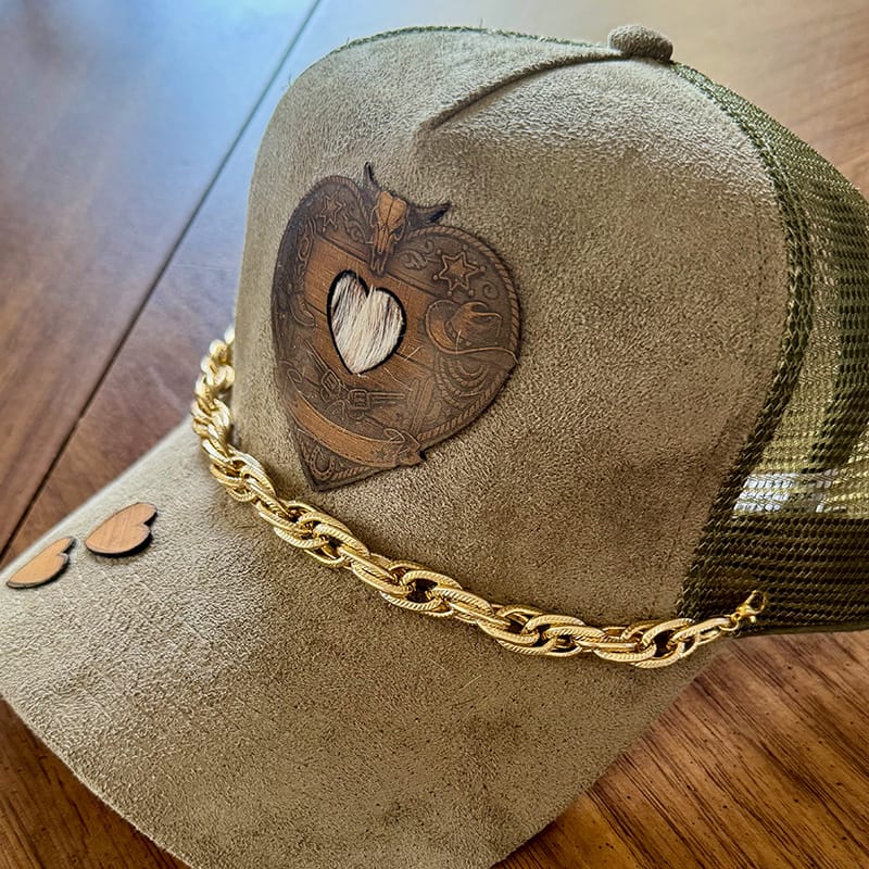 On A Whim Hats Wild West Handmade Vegan Suede Trucker Hat w/ Leather and Cowhide Patch