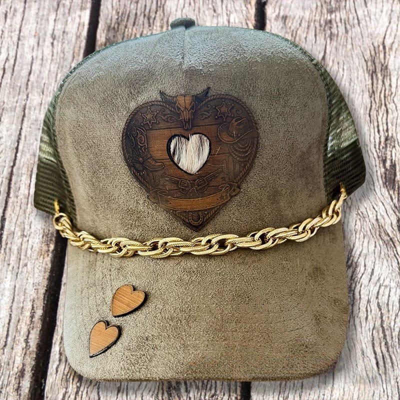 On A Whim Hats Wild West Handmade Vegan Suede Trucker Hat w/ Leather and Cowhide Patch