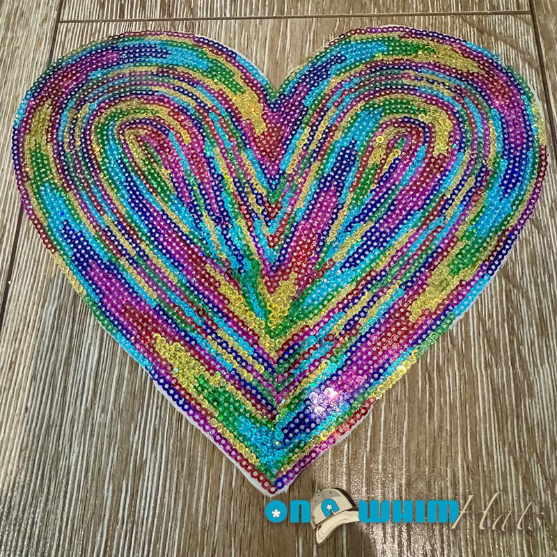 On A Whim Hats X-L Rainbow Sequin Heart Iron-On Patch
