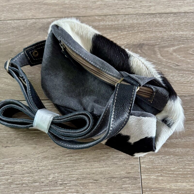 Yeehaw cowhide Western belt bag worn at the waist or crossbody, hands-free fanny pack