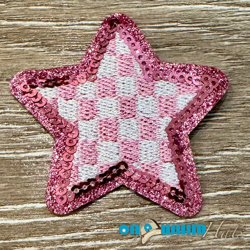 Pink Checkered Sequin Star Iron-On Patch
