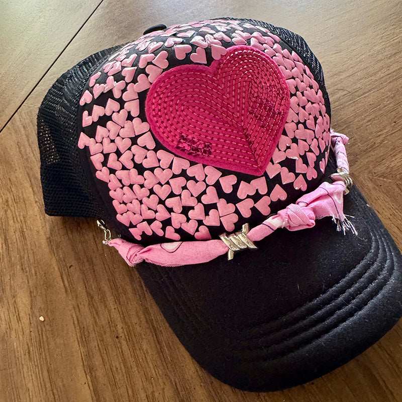 Cotton Candy Heart Handmade Trucker Hat with Bandana Hat Chain