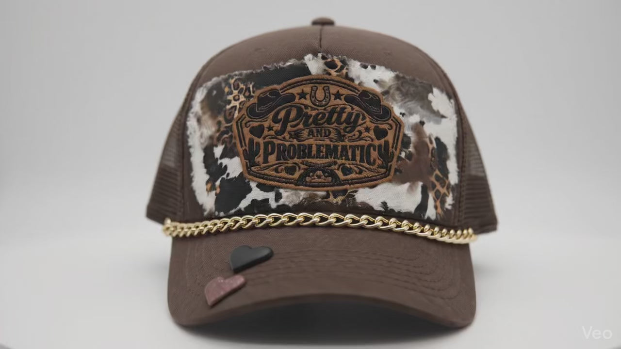 Load video: Pretty and Problematic Handmade Trucker Hat w/ Leather Patch