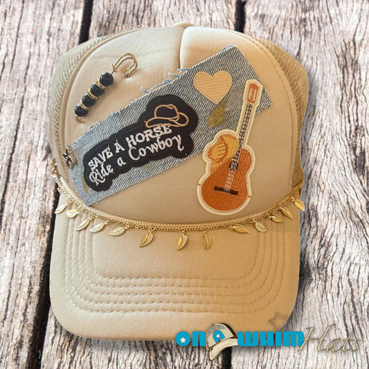 Save a Horse Ride a Cowboy Handmade Trucker Hat with Recycled Denim